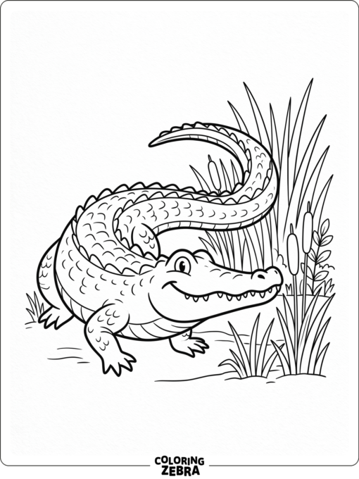 A crocodile with a curved tail and wide grin
