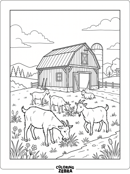 A group of goats grazing near a barn