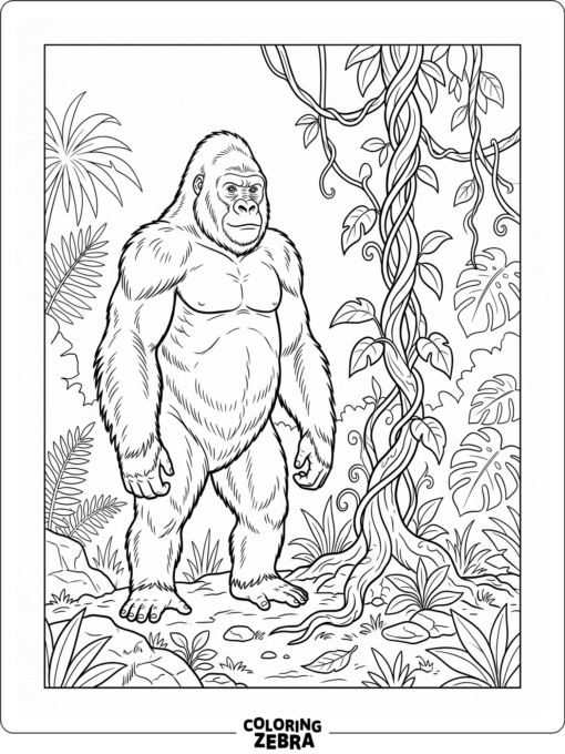A standing gorilla beside a vine