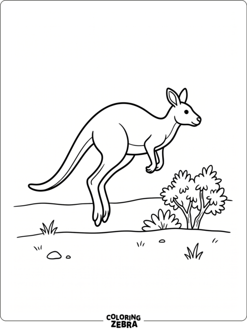 A kangaroo hopping across open ground near a bush