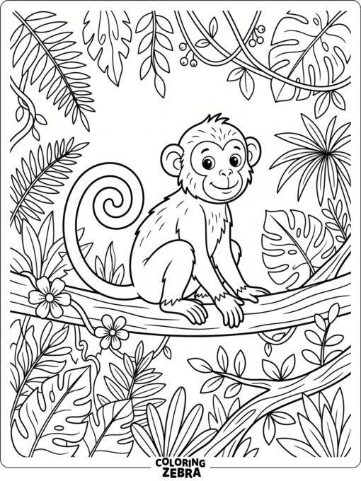 A monkey sitting with a curled tail and jungle leaves