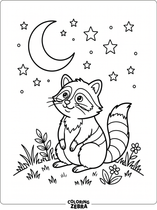 A raccoon sitting under the moon and stars