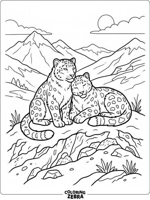 Two snow leopards resting together on a snowy ridge