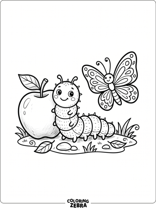 A storybook caterpillar near fruit and a butterfly