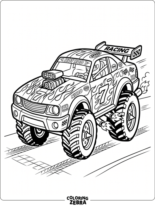 A bold cartoon car with flames and racing decals