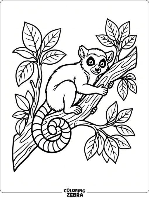 A lemur resting on a branch with a curled tail