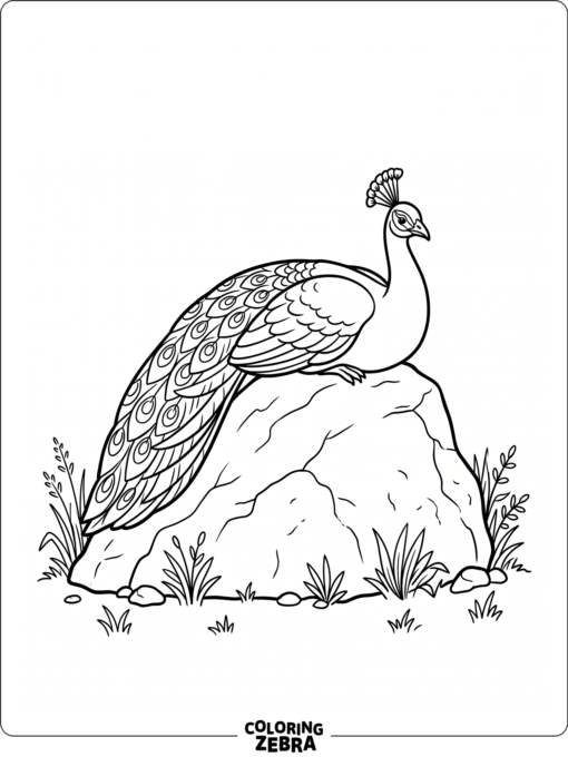 A peacock resting on a rock with folded tail feathers