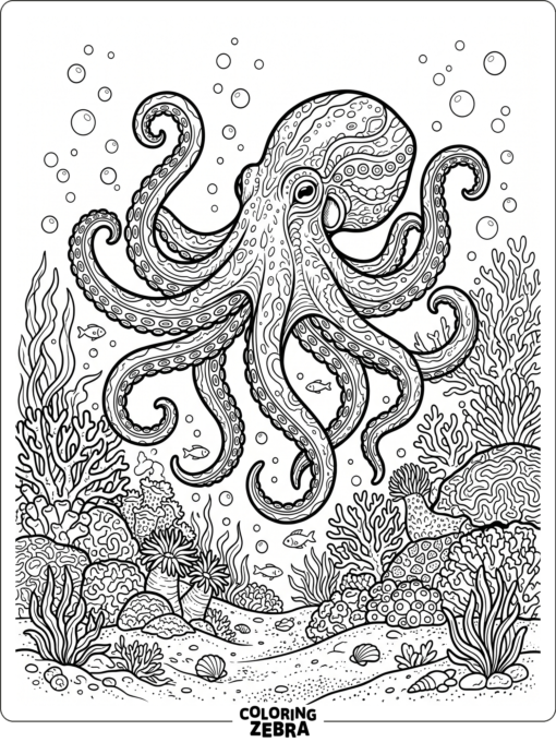An octopus outline with coral and bubbles