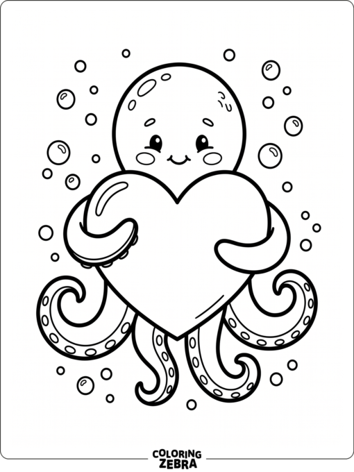 A cute octopus hugging a heart with bubbles