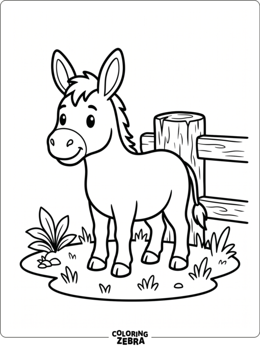 A donkey beside a fence post and grass