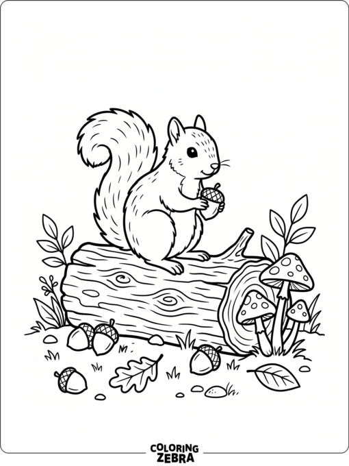 A squirrel sitting on a log with acorns