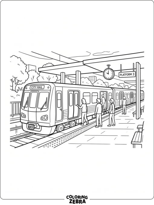 A commuter train waiting at a station platform