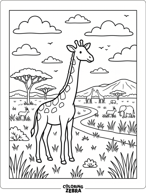 A giraffe in a busy savanna scene with grass and clouds
