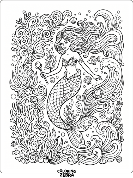 An ornate mermaid with coral swirls and pearls