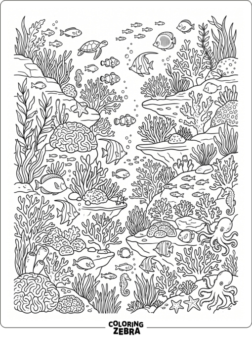 A busy underwater scene filled with coral and fish
