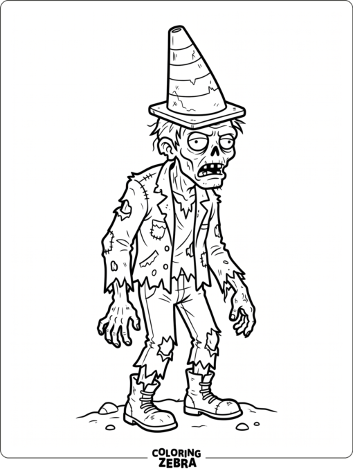 Conehead zombie wears a traffic cone and torn jacket