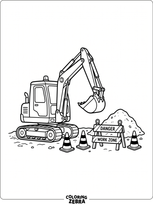 An excavator at a construction site with cones and dirt