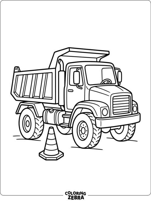 A construction truck with a dump bed beside a traffic cone
