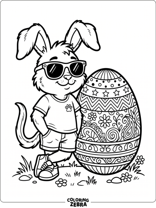 A cool bunny with sunglasses and a decorated egg