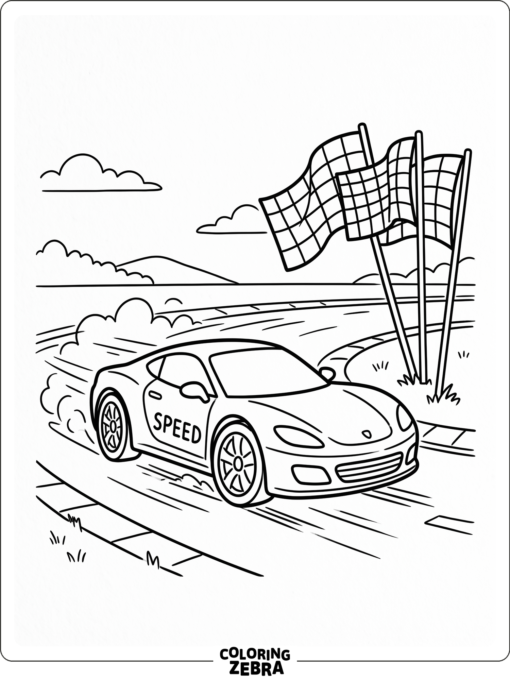A low sports car racing past checkered flags