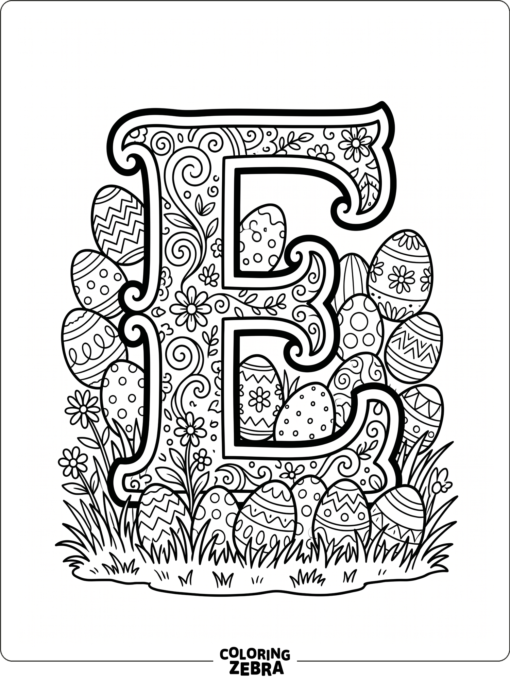 A letter E with Easter eggs and grass
