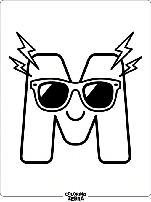 A bold letter M with sunglasses and lightning bolts
