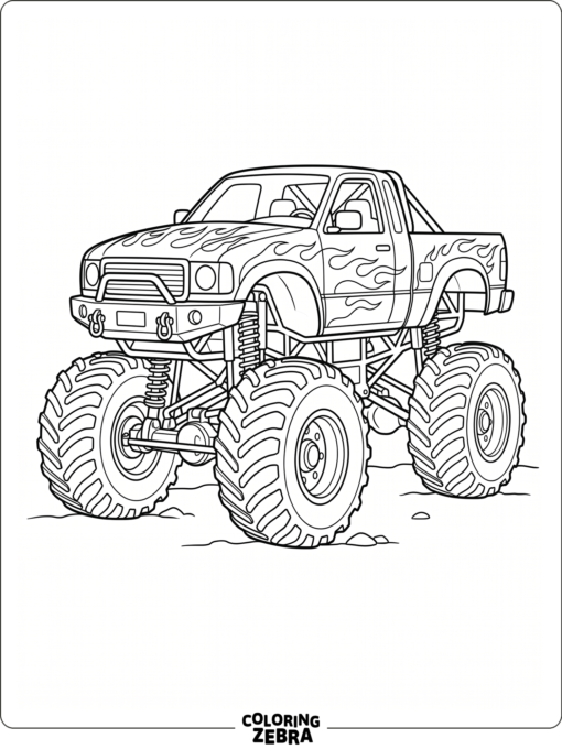 Sleek monster truck with flame decals and raised suspension