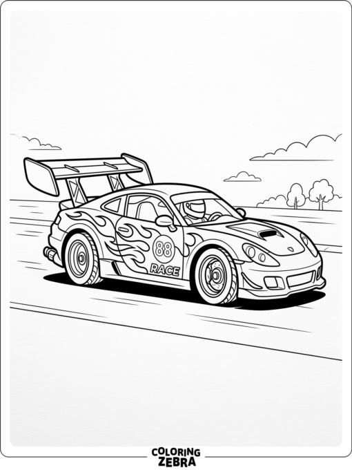 A sleek race car with flames and a spoiler