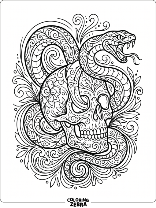 A snake wrapped around a skull with decorative swirls