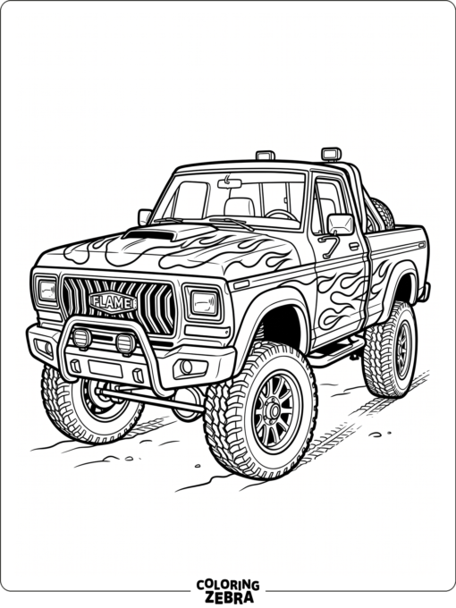 A cool truck with a custom grille and flame decals