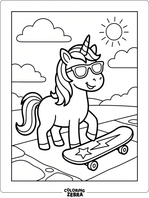 A cool unicorn wearing sunglasses beside a skateboard