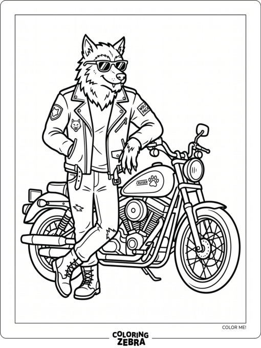 A cool werewolf wearing sunglasses by a motorcycle