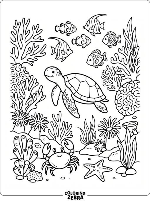 A coral reef with fish, crab, turtle, and starfish