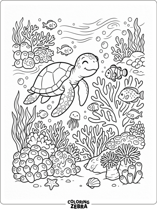 A kid-friendly coral reef with a turtle and fish