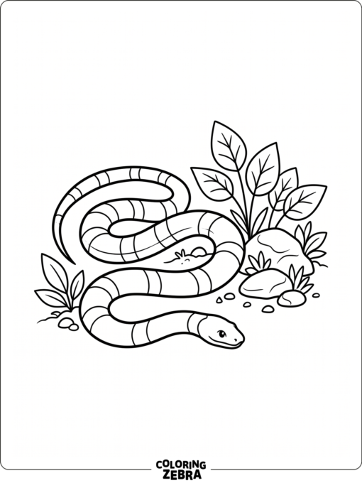 A coral snake coiled beside leaves and rocks