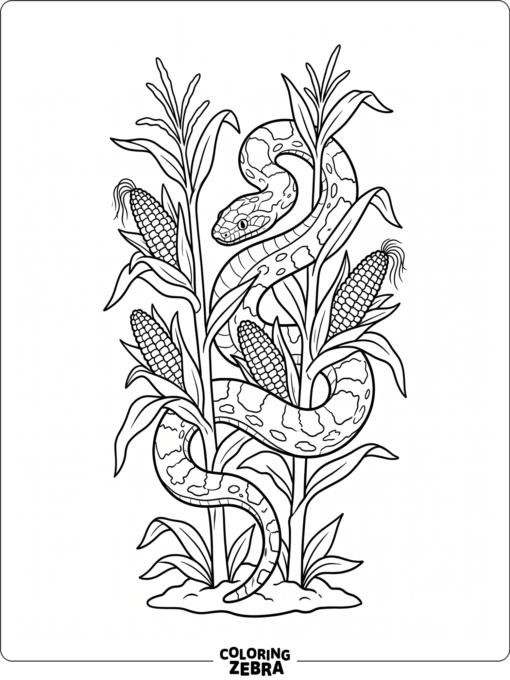 A corn snake curled around corn stalks and kernels