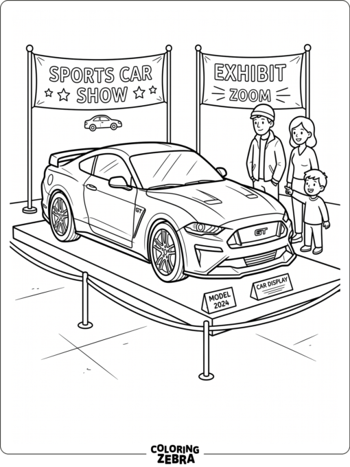 A sports car displayed at a car show with banners