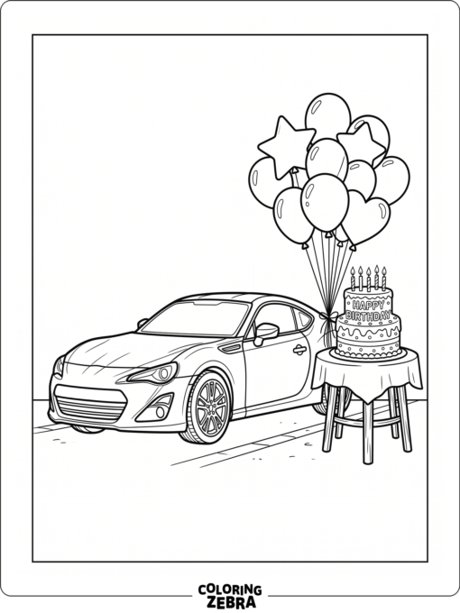 A sports car next to balloons and a birthday cake