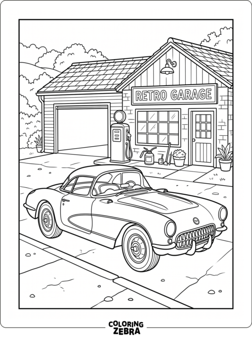 A C1 Corvette with rounded fins outside a garage