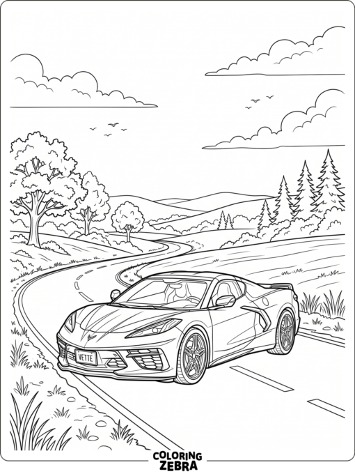 A low Corvette coupe driving on an open road