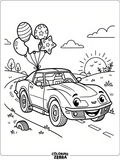 A smiling Corvette with balloons for kids