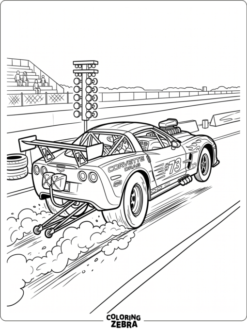 A Corvette drag racing car at the starting line