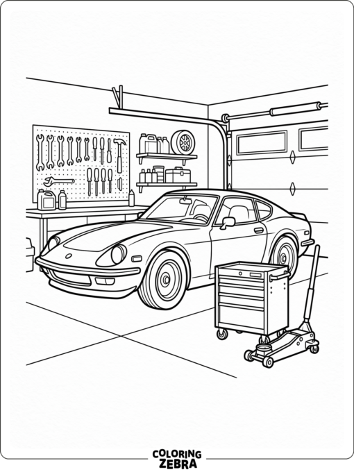 A sports car in a garage beside a toolbox and jack