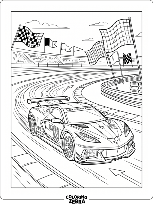 A Corvette race car on a track with flags