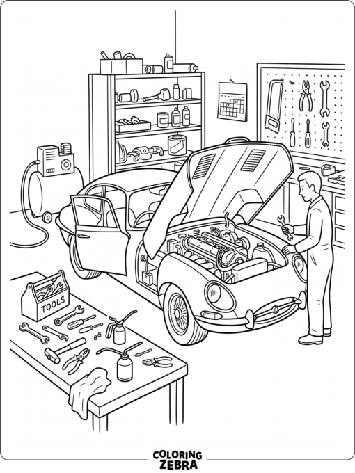 A classic sports car in a workshop during restoration
