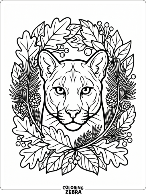 A cougar face framed by leaves