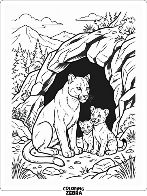 A cougar mother with two cubs near a cave
