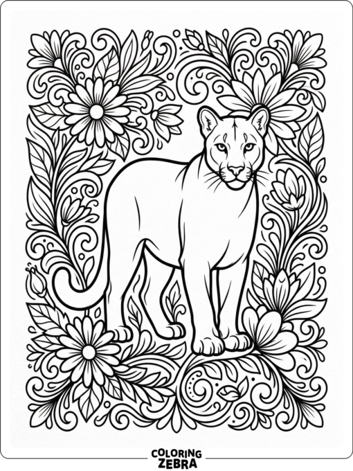 A cougar surrounded by decorative swirls