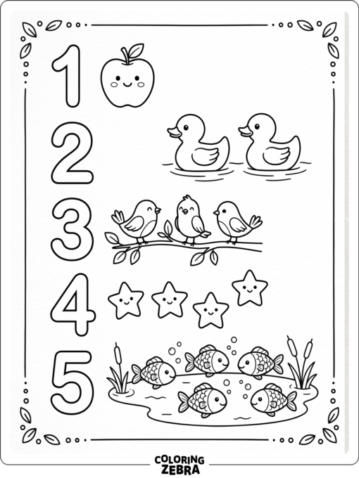 Objetos agrupados junto a números para contar y colorear