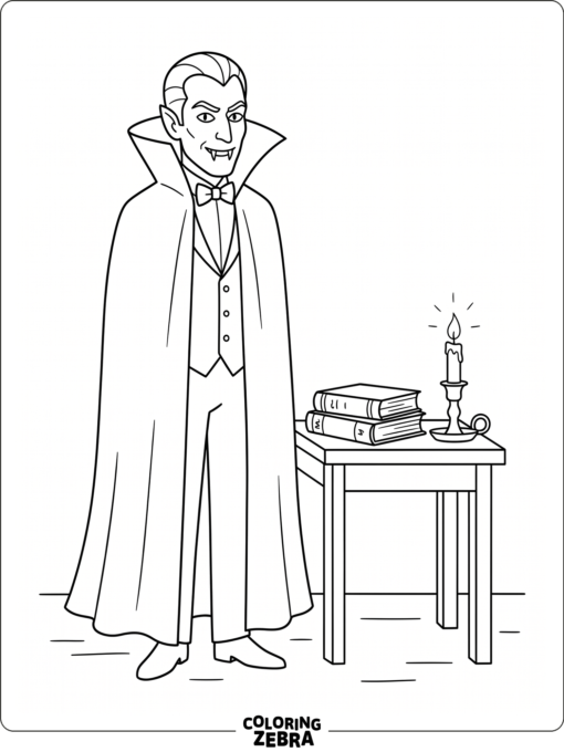 Count Dracula with a tall collar and old books